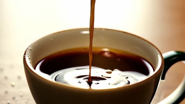 A top view of coffee being slowly poured into a mug is shown in a coffee drink cup filled with white and brown beverages, such as cappuccino, coffee with milk, and plain coffee.