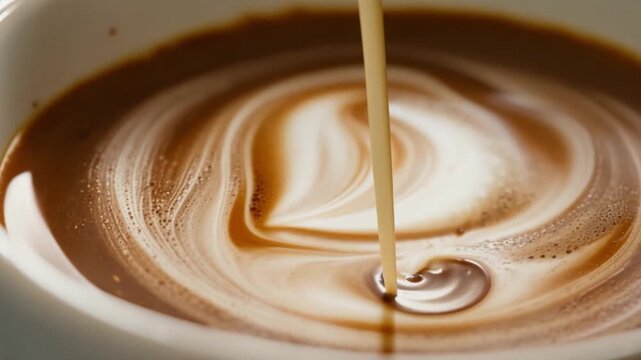A top view of coffee being slowly poured into a mug is shown in a coffee drink cup filled with white and brown beverages, such as cappuccino, coffee with milk, and plain coffee.