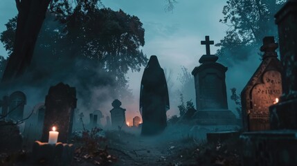 Eerie graveyard scene with the grim reaper, mist, and candlelight, featuring tombstones and a haunting atmosphere