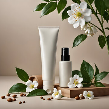 Dise&ntilde;o de producto envase y spray de cosm&eacute;tica junto a hojas y flores de azahar