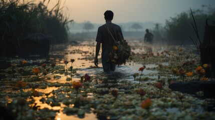 Man in water carrying lily flower bundle