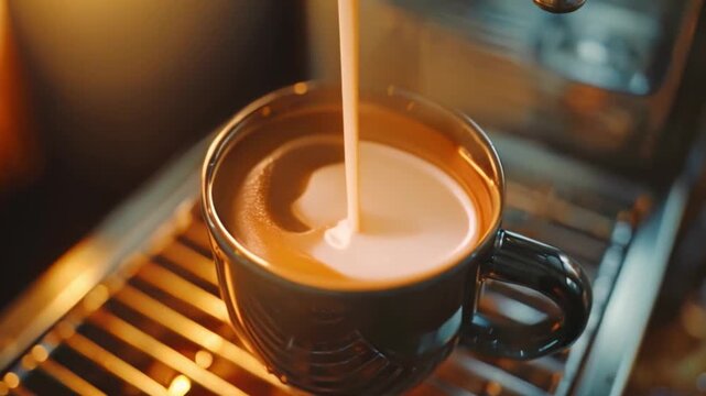 Coffee is poured into a coffee mug in slow motion, top view, using a geyser coffee maker