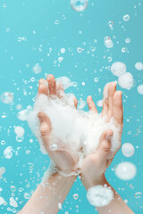Fototapeta premium Close-up of hands covered in soapy foam on light blue background