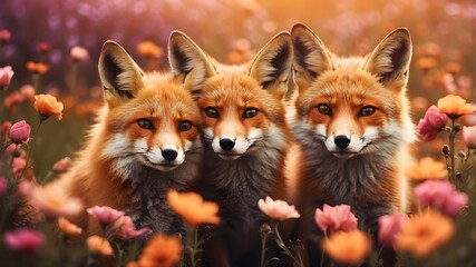 Obraz premium A couple of foxes cozy up in a field of blooming flowers against a blurry backdrop. AI-produced picture