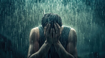 Emotive image of a man under rain, face buried in hands, depicting a powerful moment of personal despair and emotional struggle