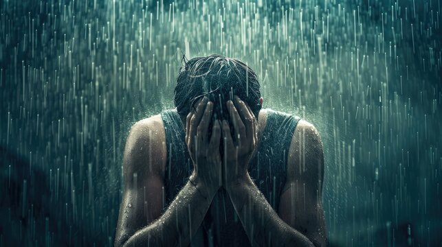 Emotive image of a man under rain, face buried in hands, depicting a powerful moment of personal despair and emotional struggle