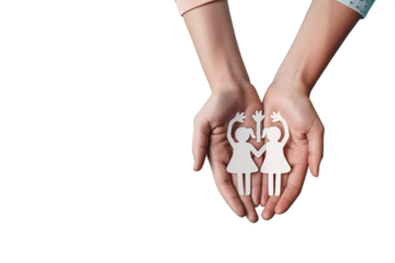 The family cut out paper figures in the hands of young people on a transparent background 