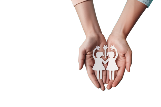 The family cut out paper figures in the hands of young people on a transparent background 