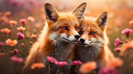 A couple of foxes cozy up in a field of blooming flowers against a blurry backdrop. AI-produced picture