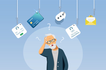 Senior man with online phishing scam, cyber attack and digital crime technology. Phishing hook with SMS fraud link, credit card, password hacking and fake message. Vector.
