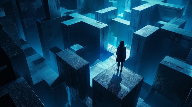 Isometric view of business woman lost in maze made from blue cubes, dark background, cinematic light