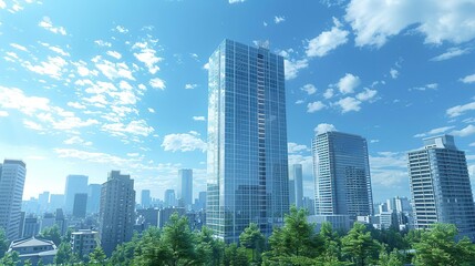 Fototapeta premium Cityscape with Tall Buildings and Blue Sky - 3D Illustration