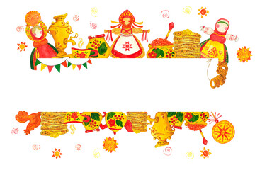 Fototapeta premium Horizontal frame, banner for text. Hand drawn watercolor illustration. Maslenitsa holiday, Shrovetide, carnival, Maslenitsa, Mardi Gras, Shrove Tuesday, pancake week, Pancake Day