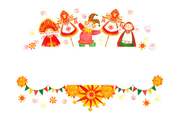 Obraz premium Horizontal frame, banner for text. Hand drawn watercolor illustration. Maslenitsa holiday, Shrovetide, carnival, Maslenitsa, Mardi Gras, Shrove Tuesday, pancake week, Pancake Day