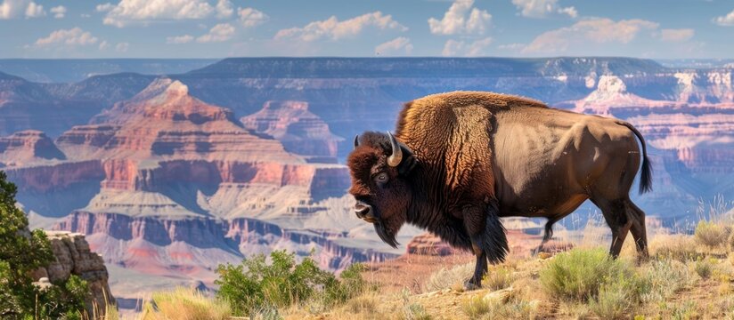 This male American buffalo or bison is very majestic and mighty standing on a grassy plain.