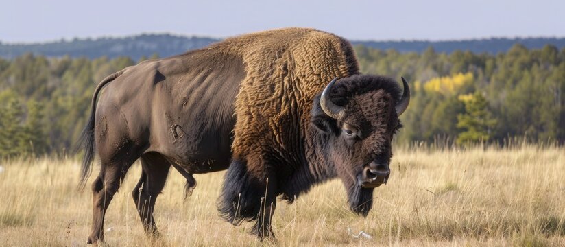 This male American buffalo or bison is very majestic and mighty standing on a grassy plain.