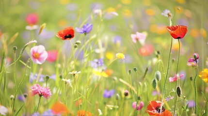 Obraz premium Vast and Colorful Flower Field in Full Bloom, Showcasing a Stunning Array of Vibrant Blossoms Under a Clear Blue Sky