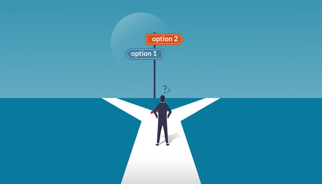 A businessman in doubt, having to choose between two different choices indicated by path pointing in opposite direction