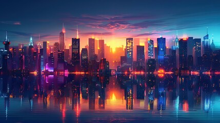 Fototapeta premium Cityscape Illustration with Reflection in Water - Neon Lights, Skyscrapers, and Sunset
