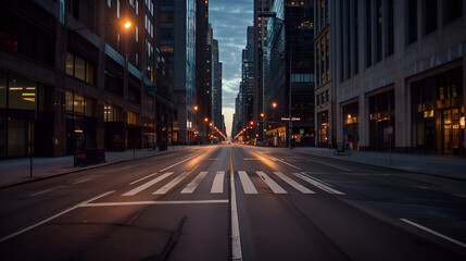 Empty Street in Downtown City at Dawn