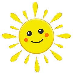 Cartoon funny sun character. Isolated  of adorable solar. Bright summer and weather personages with kawaii faces, big eyes and smiles, and fun