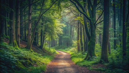 Fototapeta premium Secluded path winding through dark, mysterious woods, secluded, path, dense, mysterious, woods, forest, nature, solitude