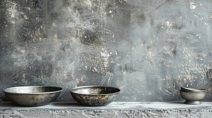 Aged metal bowls on cement backdrop with space for writing