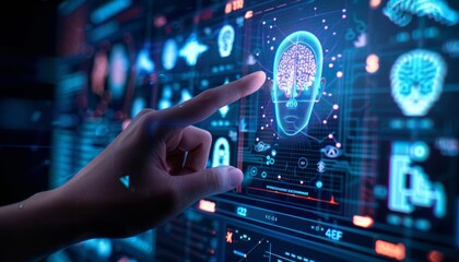 A hand points at a digital brain on a futuristic interface, representing artificial intelligence and technology.