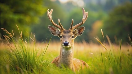 Fototapeta premium A deer resting in a grassy field with its head lifted up, deer, animal, wildlife, nature, field, grass, relaxation
