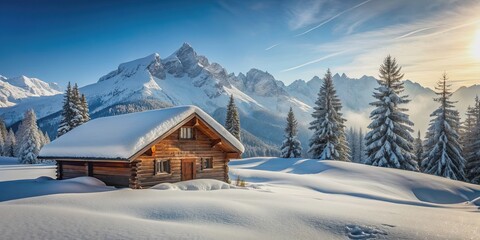 Winter mountain landscape with cozy alpine hut surrounded by snow-covered trees and mountains , Winter, mountains, snow