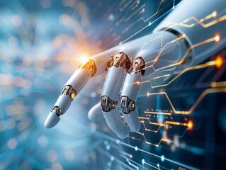 A robotic hand with glowing circuits reaches out towards a digital interface, representing artificial intelligence and technology.
