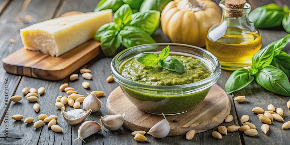 Poster Fresh basil pesto with pine nuts, parmesan cheese, garlic, and olive oil , basil, pesto, sauce, Italian, green