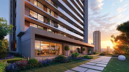 Modern Apartment Building with Garden and Sunset View - 3D Illustration