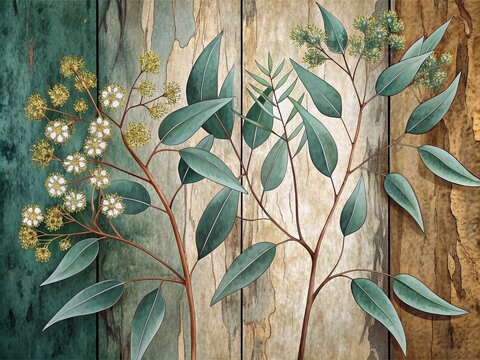 Dark mood evocative still life of eucalyptus leaves and delicate flowers set against a mysterious shadowy background with subtle textures of weathered gumtree bark.