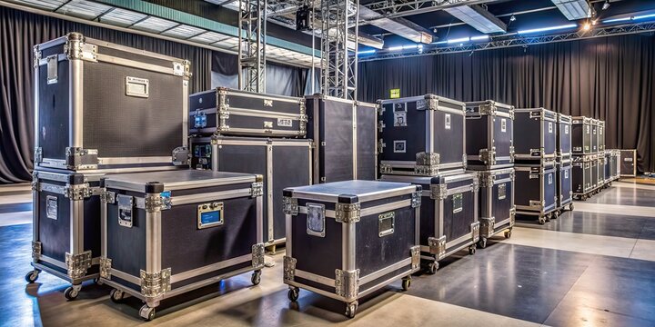 Backstage scene with open and closed flightcases on the floor, backstage, concert, event, flightcases