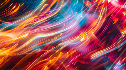 Vibrant abstract image featuring dynamic neon light trails in shades of pink, blue, yellow, and orange, creating a sense of motion.
