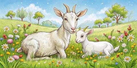 Fototapeta premium Adorable baby goat nestles beside its mother as they graze peacefully in a lush green meadow, surrounded by vibrant wildflowers and serene countryside scenery.