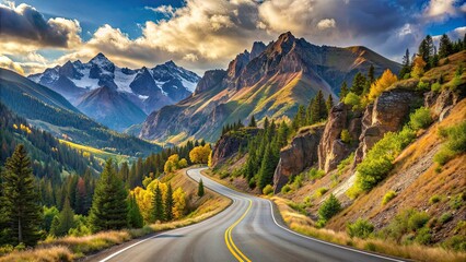 Fototapeta premium Scenic mountain road winding through breathtaking terrain, mountain road, mountains, winding, scenic, nature, travel