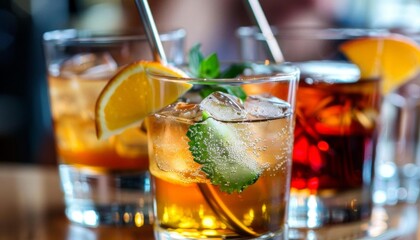 Three glasses of refreshing cocktails with ice, garnished with fruit and mint, on a table.