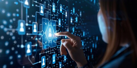 Woman's hand interacting with a digital network interface.