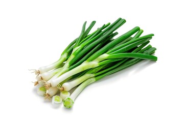 Fresh, vibrant bunch of green onions on a white background, perfect for ingredients in a variety of delicious recipes.