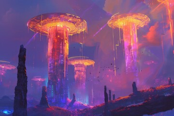 Glowing Towers Rise in a Purple and Orange Sky