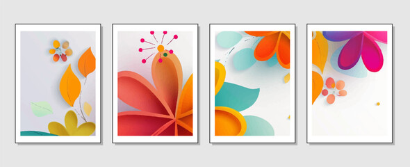 Fototapeta premium set of abstract vector backgrounds featuring tropical leaves. Hand-drawn textures suitable for wall decoration, postcard designs, or brochure covers.