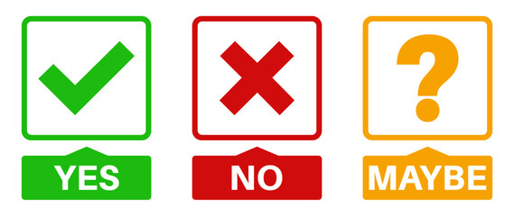 Set collections yes no maybe icon sign. Green check mark, red cross and yellow question mark labels design template Vector illustration