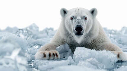 A close-up view of a polar bear navigating through ice, showcasing its majestic presence in a frozen landscape.