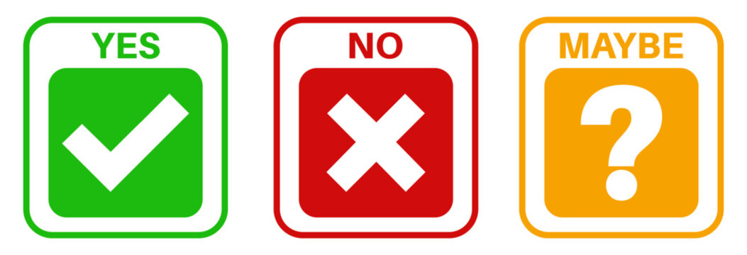 Set collections yes no maybe icon sign. Green check mark, red cross and yellow question mark labels design template Vector illustration