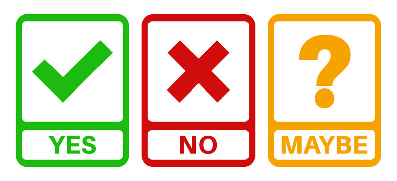 Set collections yes no maybe icon sign. Green check mark, red cross and yellow question mark labels design template Vector illustration