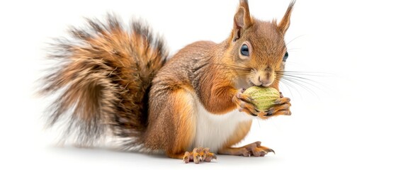 Obraz premium A playful squirrel munching on a nut, showcasing its vibrant fur and bushy tail in a charming and lively pose.