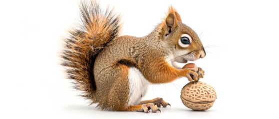 Obraz premium A playful squirrel holding a nut, showcasing its vibrant fur and curious expression against a white background.