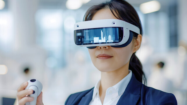 A businesswoman using a virtual reality headset and controller in a modern office, highlighting the application of VR technology in professional and corporate environments.